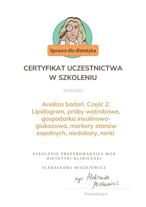 Certyfikat uczestnictwa w szkoleniu Analiza badań. Część 2, wystawiony dla Patrycji Malcherczyk.