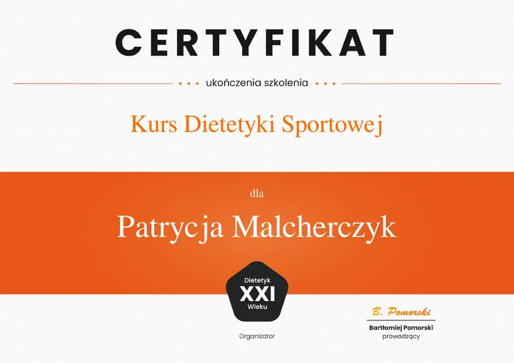 Certyfikat ukończenia szkolenia Kurs Dietetyki Sportowej wystawiony dla Patrycji Malcherczyk.