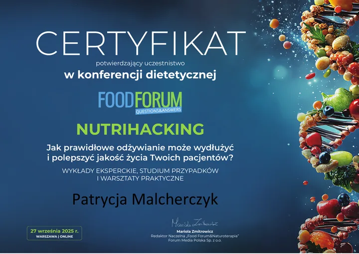 Certyfikat uczestnictwa w konferencji NUTRIHACKING, wystawiony dla Patrycji Malcherczyk.