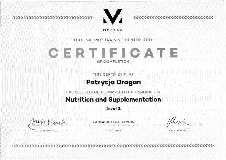 Certyfikat ukończenia szkolenia Nutrition and Supplementation level 1, Katowice 2016.