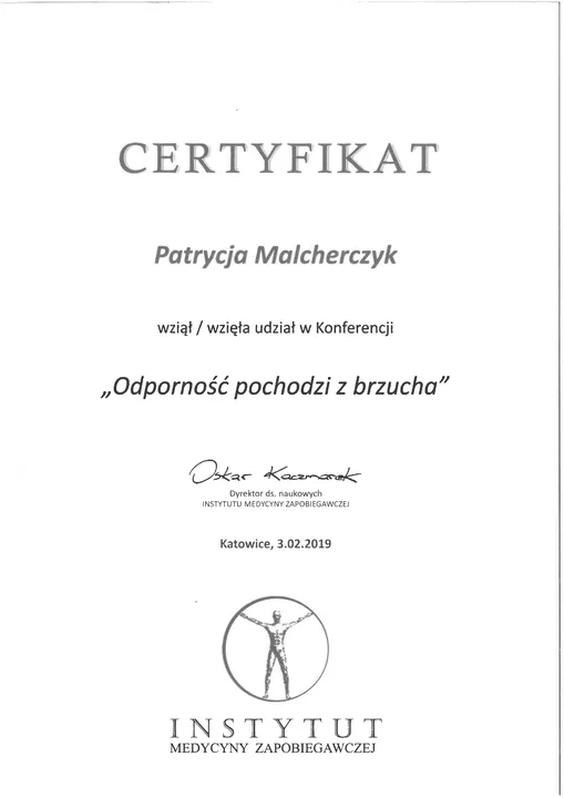 Certyfikat uczestnictwa w konferencji Odporność pochodzi z brzucha, wystawiony dla Patrycji Malcherczyk.