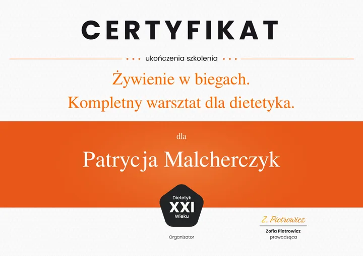 Certyfikat ukończenia warsztatu Żywienie w biegach wystawiony dla Patrycji Malcherczyk.
